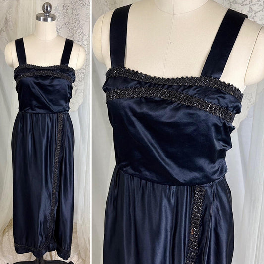 1910's Edwardian Evening Gown - Black Silk Satin with Copper Hued Glass Beadwork - Size XS - Daggers & Dames