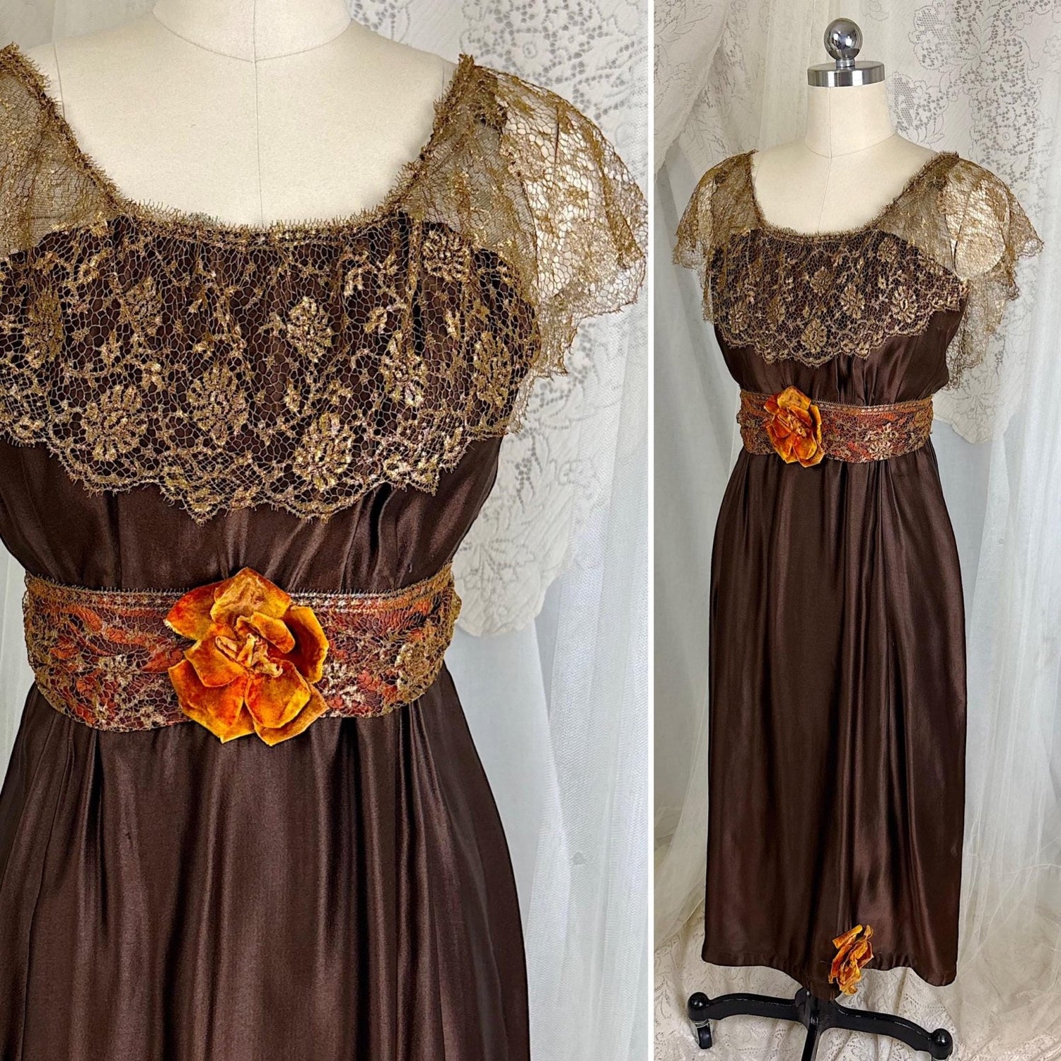 1910's Edwardian Evening Gown - Rich Mocha Brown Silk with Gold Metallic Lace & Velvet Flowers - Size XS - Daggers & Dames