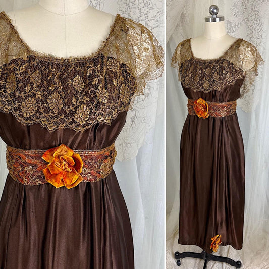1910's Edwardian Evening Gown - Rich Mocha Brown Silk with Gold Metallic Lace & Velvet Flowers - Size XS - Daggers & Dames