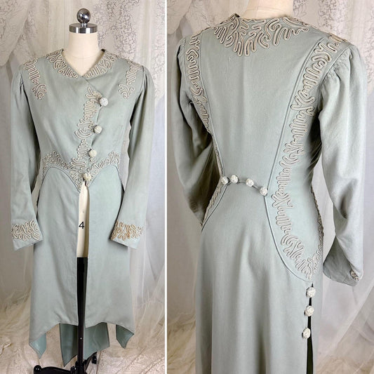1910's Edwardian Redingote Walking Jacket - Dove Gray Wool with Ivory Soutache & Mint Green Lining - Size M - Daggers & Dames