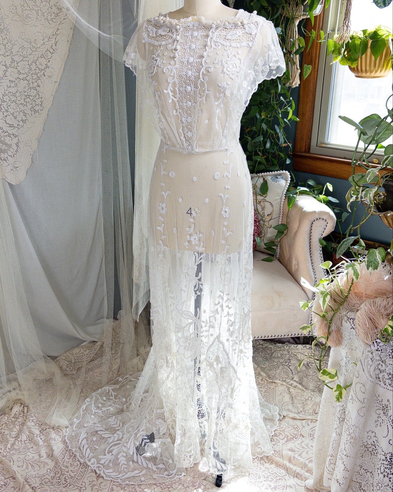 1910s Edwardian Wedding Dress - White Cotton Mixed Lace with Floral Embroidery | Small, Medium - Daggers & Dames