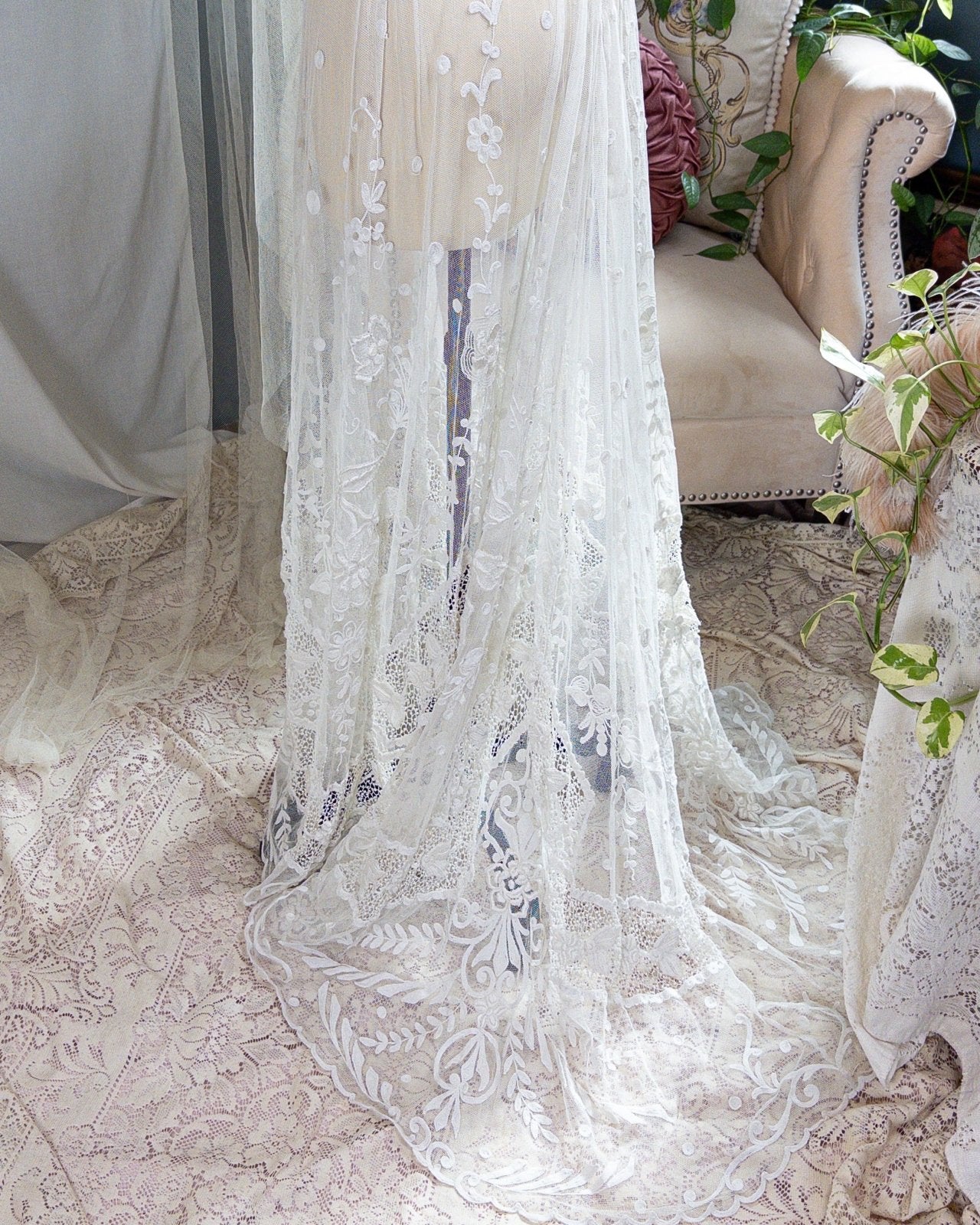 1910s Edwardian Wedding Dress - White Cotton Mixed Lace with Floral Embroidery | Small, Medium - Daggers & Dames