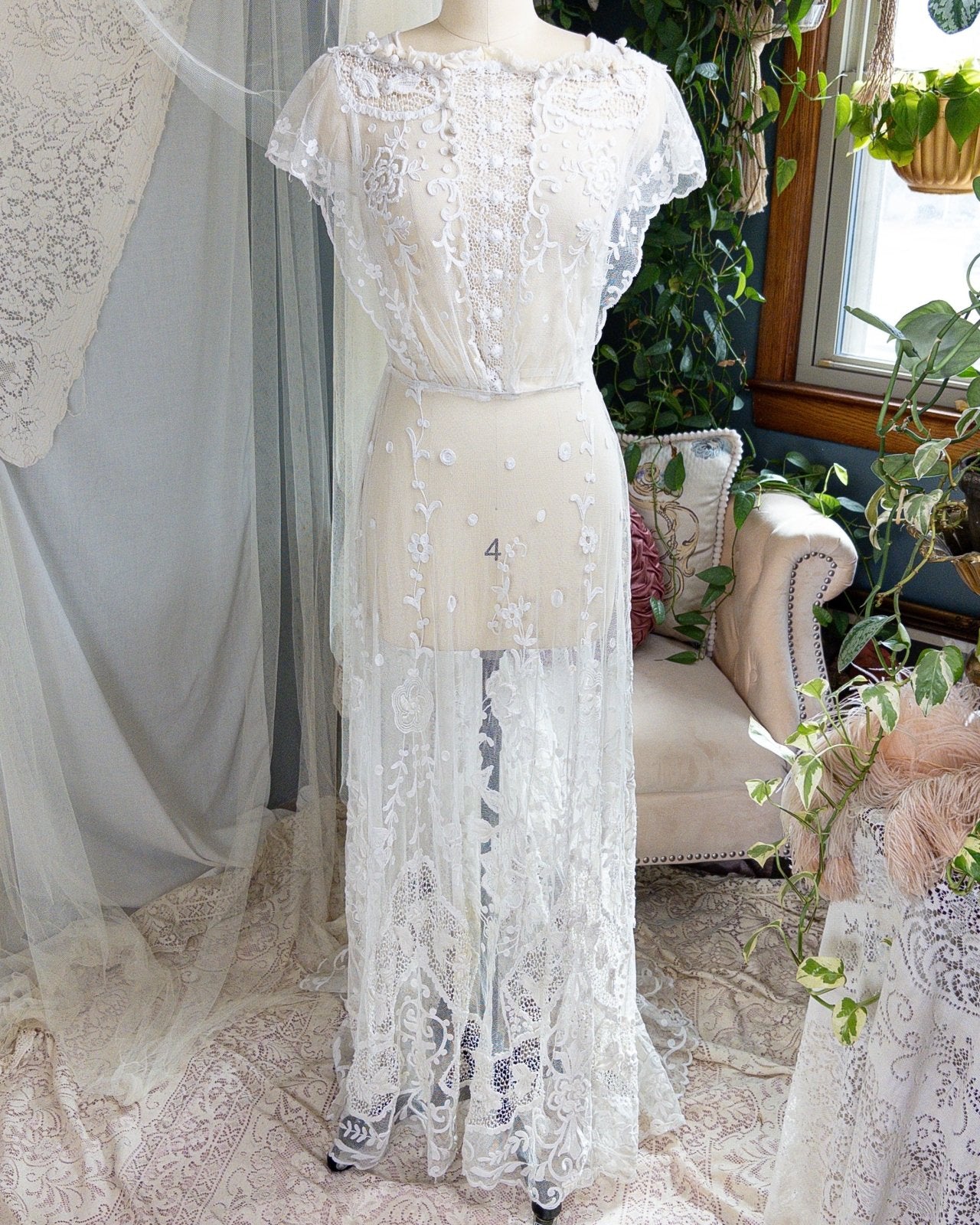 1910s Edwardian Wedding Dress - White Cotton Mixed Lace with Floral Embroidery | Small, Medium - Daggers & Dames