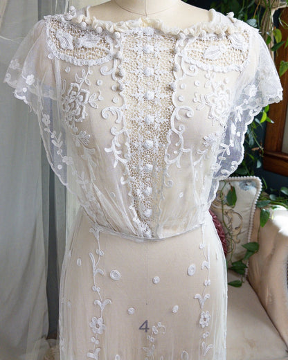 1910s Edwardian Wedding Dress - White Cotton Mixed Lace with Floral Embroidery | Small, Medium - Daggers & Dames