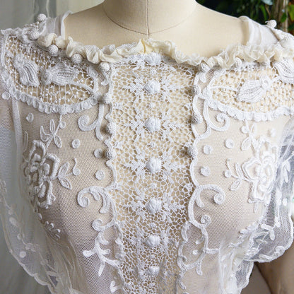 1910s Edwardian Wedding Dress - White Cotton Mixed Lace with Floral Embroidery | Small, Medium - Daggers & Dames