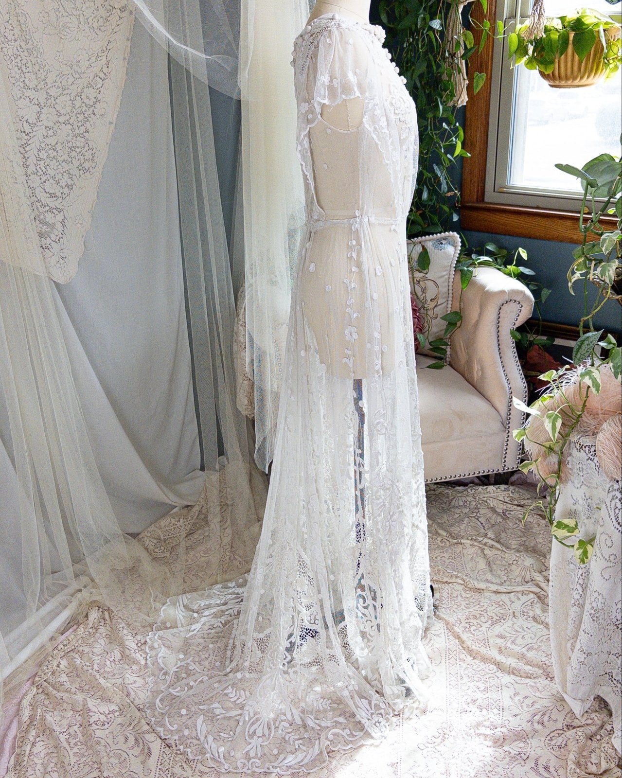 1910s Edwardian Wedding Dress - White Cotton Mixed Lace with Floral Embroidery | Small, Medium - Daggers & Dames