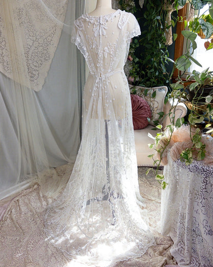 1910s Edwardian Wedding Dress - White Cotton Mixed Lace with Floral Embroidery | Small, Medium - Daggers & Dames