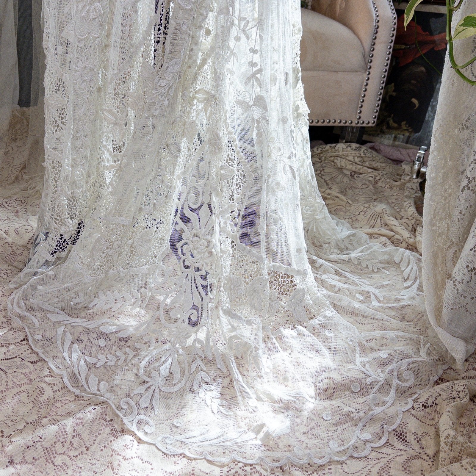 1910s Edwardian Wedding Dress - White Cotton Mixed Lace with Floral Embroidery | Small, Medium - Daggers & Dames