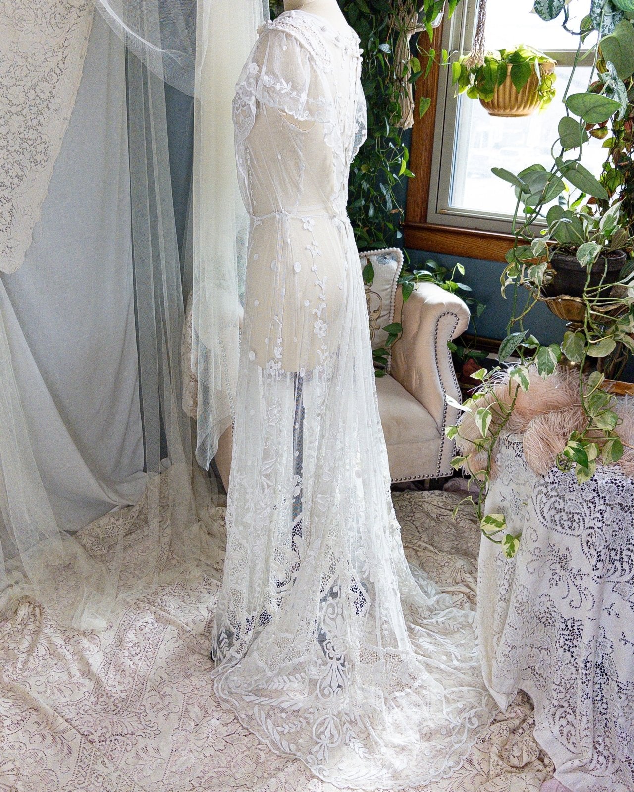 1910s Edwardian Wedding Dress - White Cotton Mixed Lace with Floral Embroidery | Small, Medium - Daggers & Dames