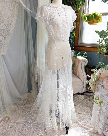 1910s Edwardian Wedding Dress - White Cotton Mixed Lace with Floral Embroidery | Small, Medium - Daggers & Dames