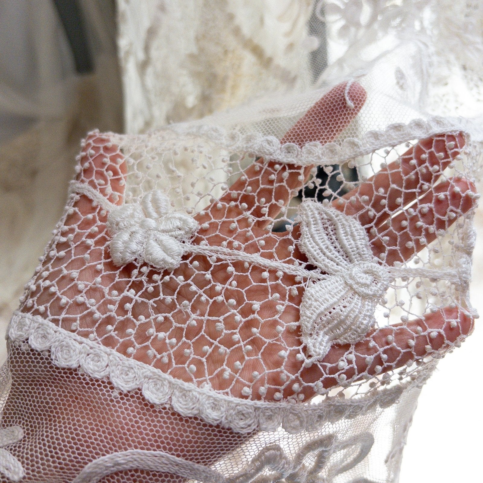 1910s Edwardian Wedding Dress - White Cotton Mixed Lace with Floral Embroidery | Small, Medium - Daggers & Dames