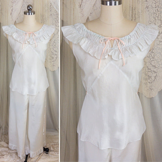 1920's - 1930's Pajama Set - Palest Aqua Blue Silk with Pink Ribbon Accents - Daggers & Dames