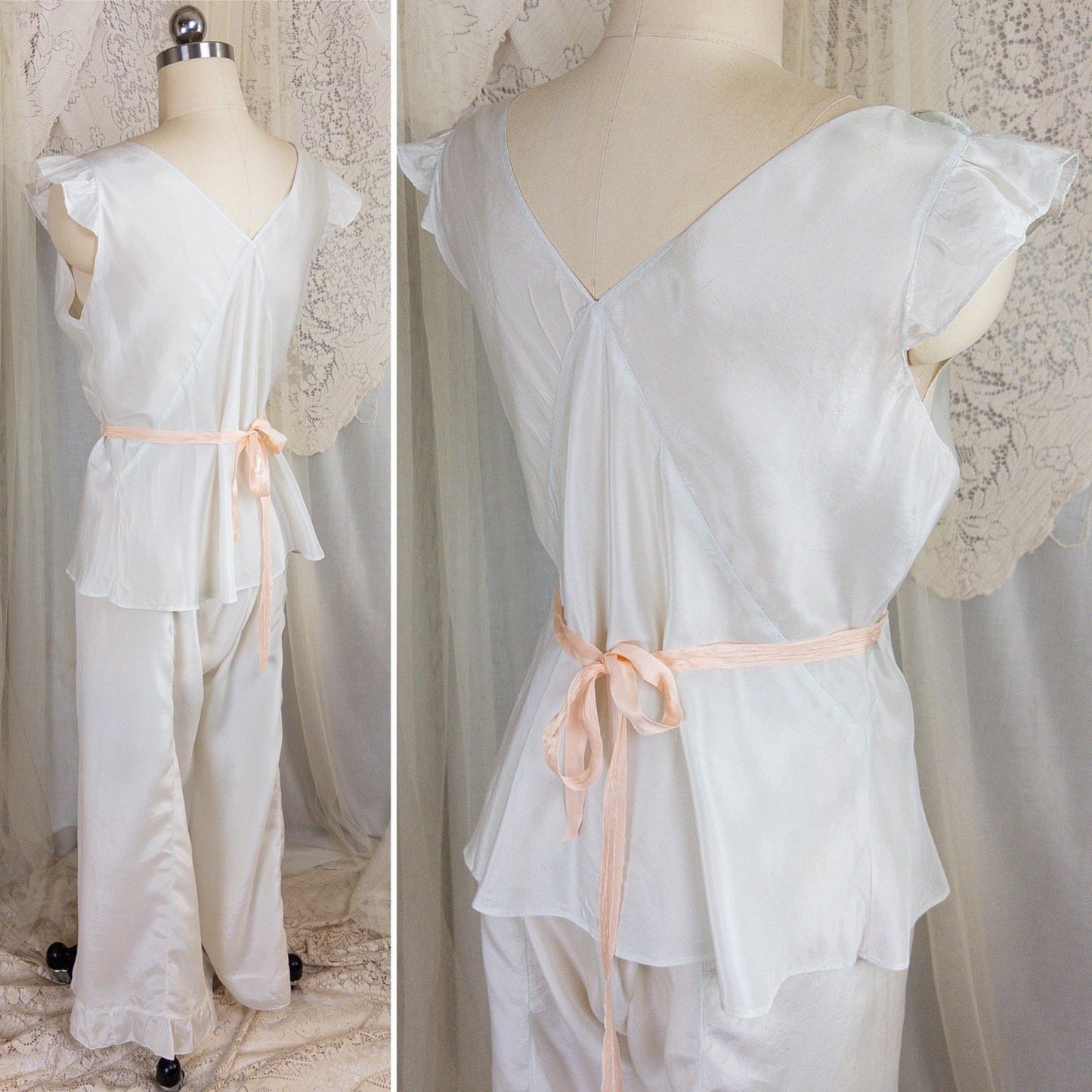 1920's - 1930's Pajama Set - Palest Aqua Blue Silk with Pink Ribbon Accents - Daggers & Dames