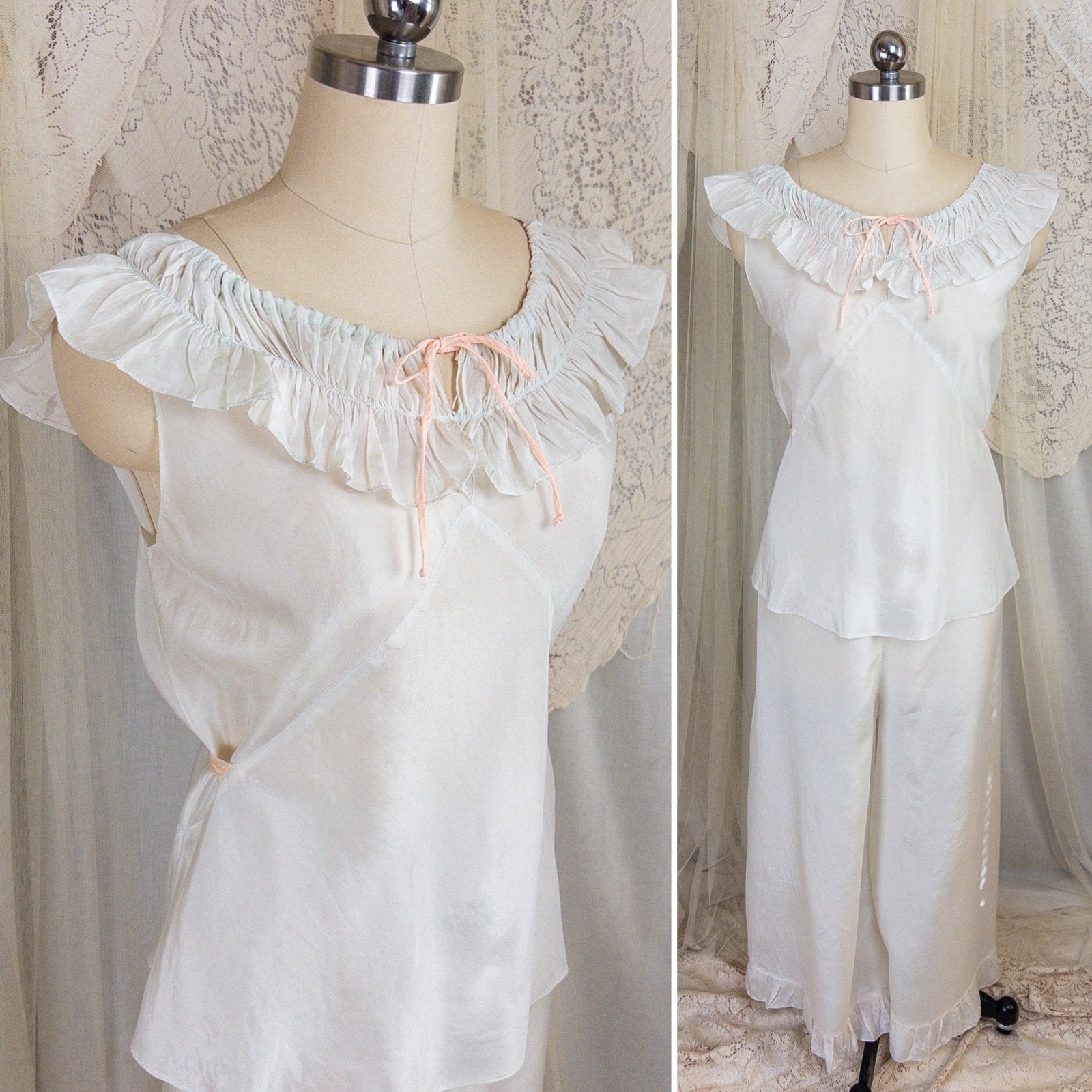 1920's - 1930's Pajama Set - Palest Aqua Blue Silk with Pink Ribbon Accents - Daggers & Dames