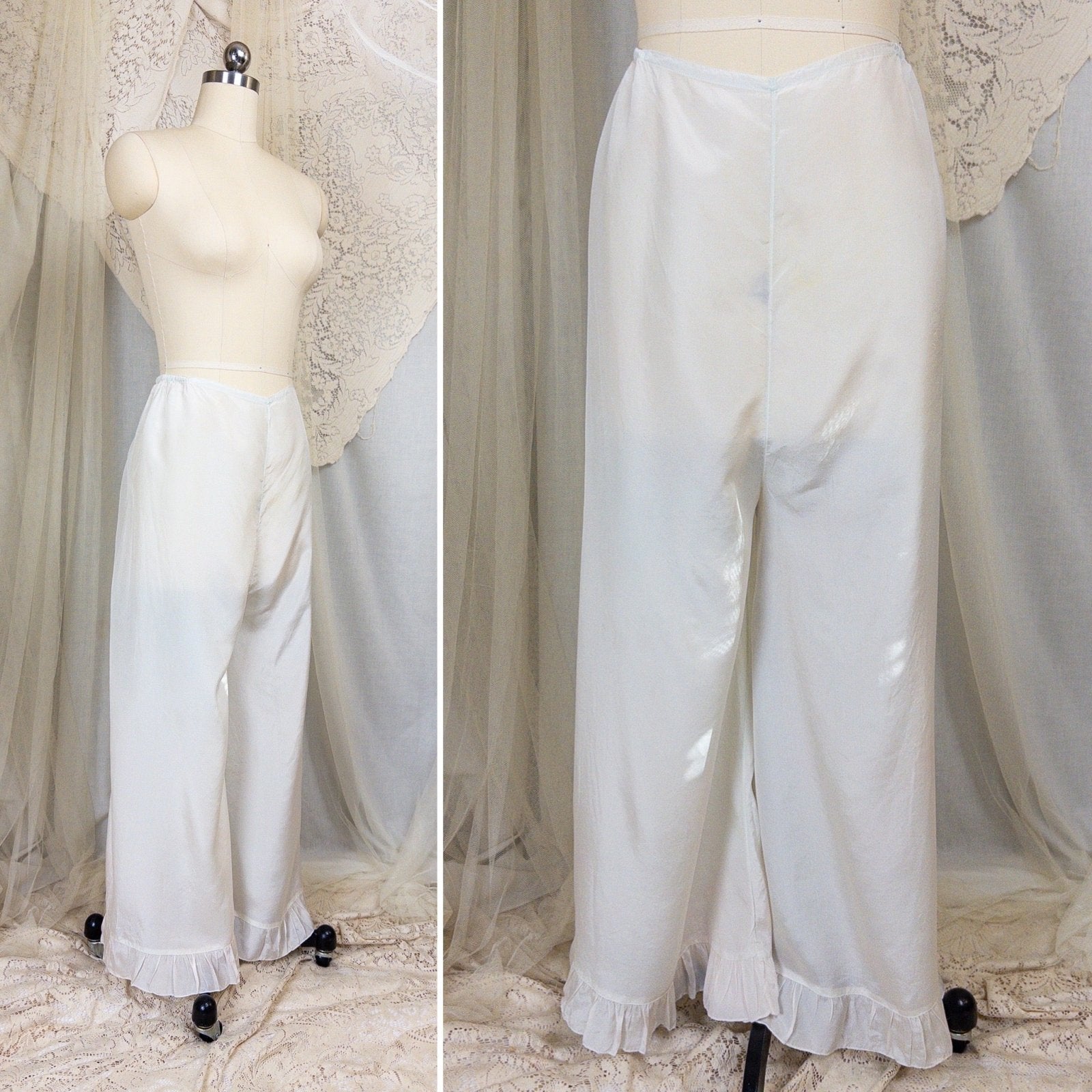 1920's - 1930's Pajama Set - Palest Aqua Blue Silk with Pink Ribbon Accents - Daggers & Dames