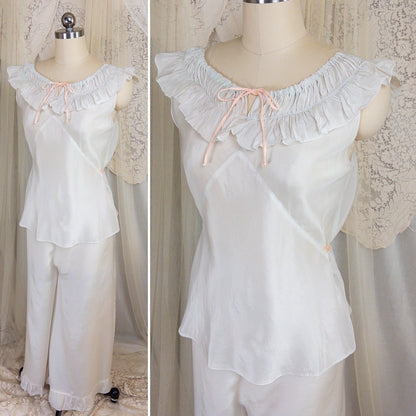 1920's - 1930's Pajama Set - Palest Aqua Blue Silk with Pink Ribbon Accents - Daggers & Dames