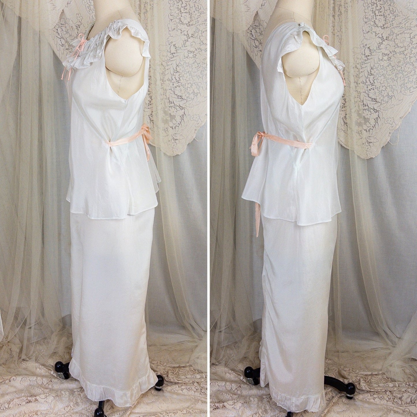 1920's - 1930's Pajama Set - Palest Aqua Blue Silk with Pink Ribbon Accents - Daggers & Dames