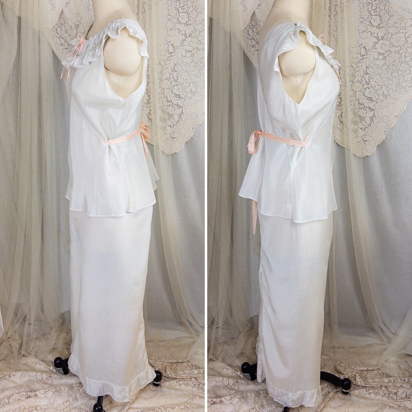 1920's - 1930's Pajama Set - Palest Aqua Blue Silk with Pink Ribbon Accents - Daggers & Dames