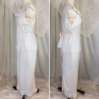 1920's - 1930's Pajama Set - Palest Aqua Blue Silk with Pink Ribbon Accents - Daggers & Dames