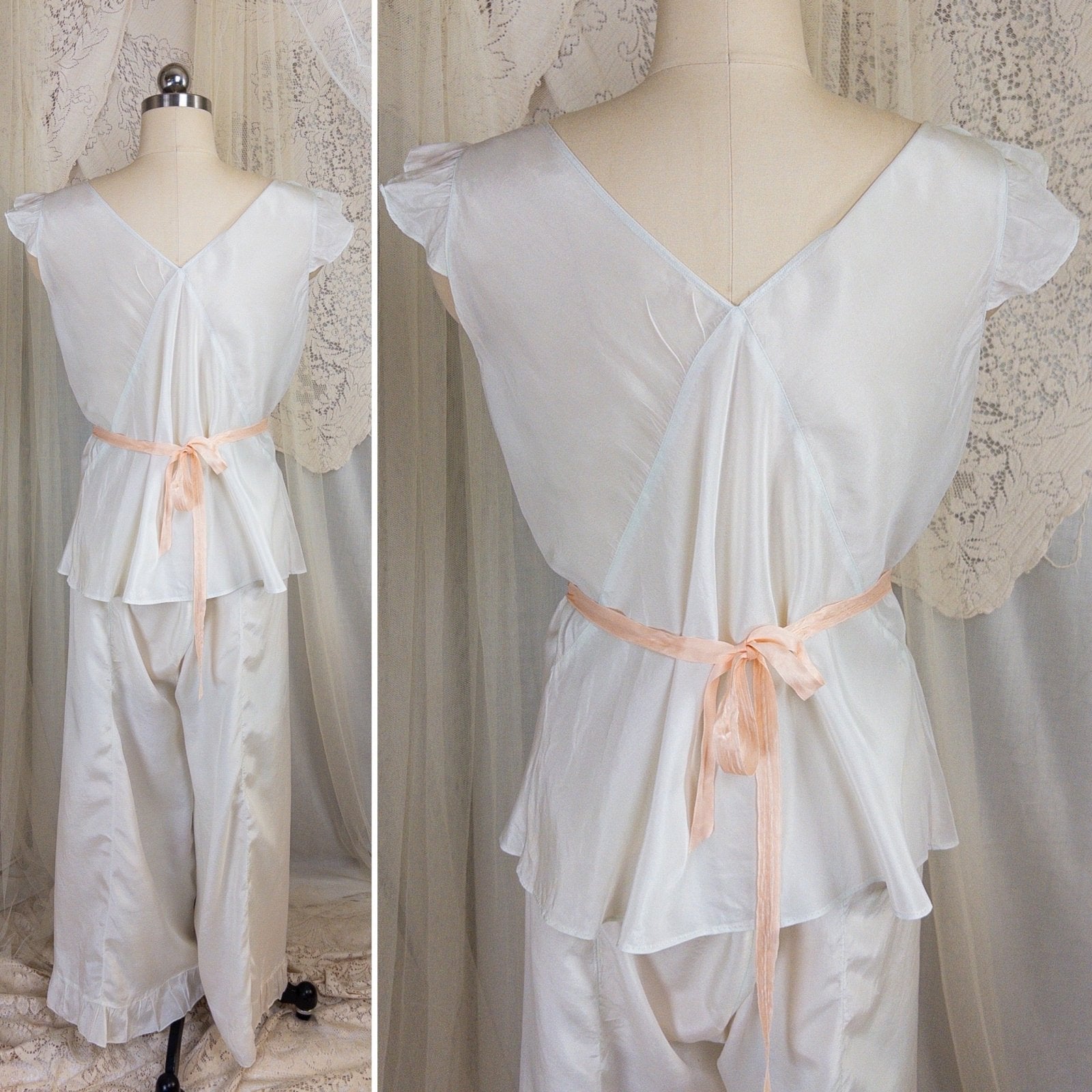 1920's - 1930's Pajama Set - Palest Aqua Blue Silk with Pink Ribbon Accents - Daggers & Dames