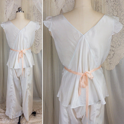 1920's - 1930's Pajama Set - Palest Aqua Blue Silk with Pink Ribbon Accents - Daggers & Dames