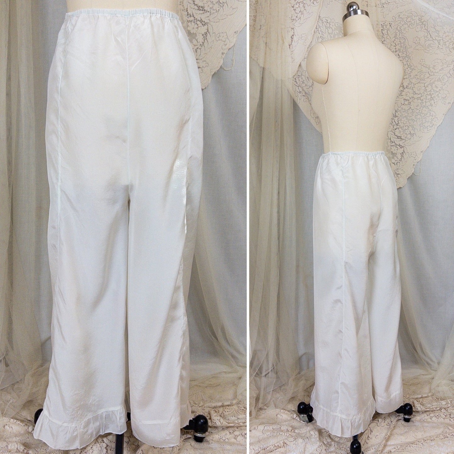 1920's - 1930's Pajama Set - Palest Aqua Blue Silk with Pink Ribbon Accents - Daggers & Dames