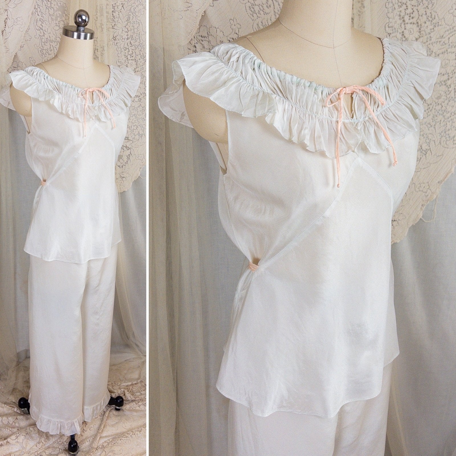 1920's - 1930's Pajama Set - Palest Aqua Blue Silk with Pink Ribbon Accents - Daggers & Dames