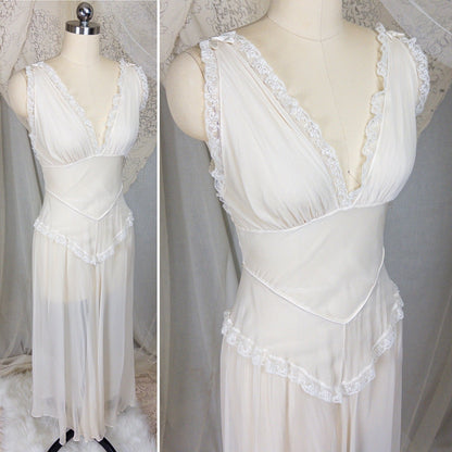 1930s - 1940s Nightgown - Sheer Bone White Silk Crepe with Bobbin Lace & Satin Detail | XS, Small - Daggers & Dames