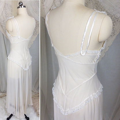 1930s - 1940s Nightgown - Sheer Bone White Silk Crepe with Bobbin Lace & Satin Detail | XS, Small - Daggers & Dames