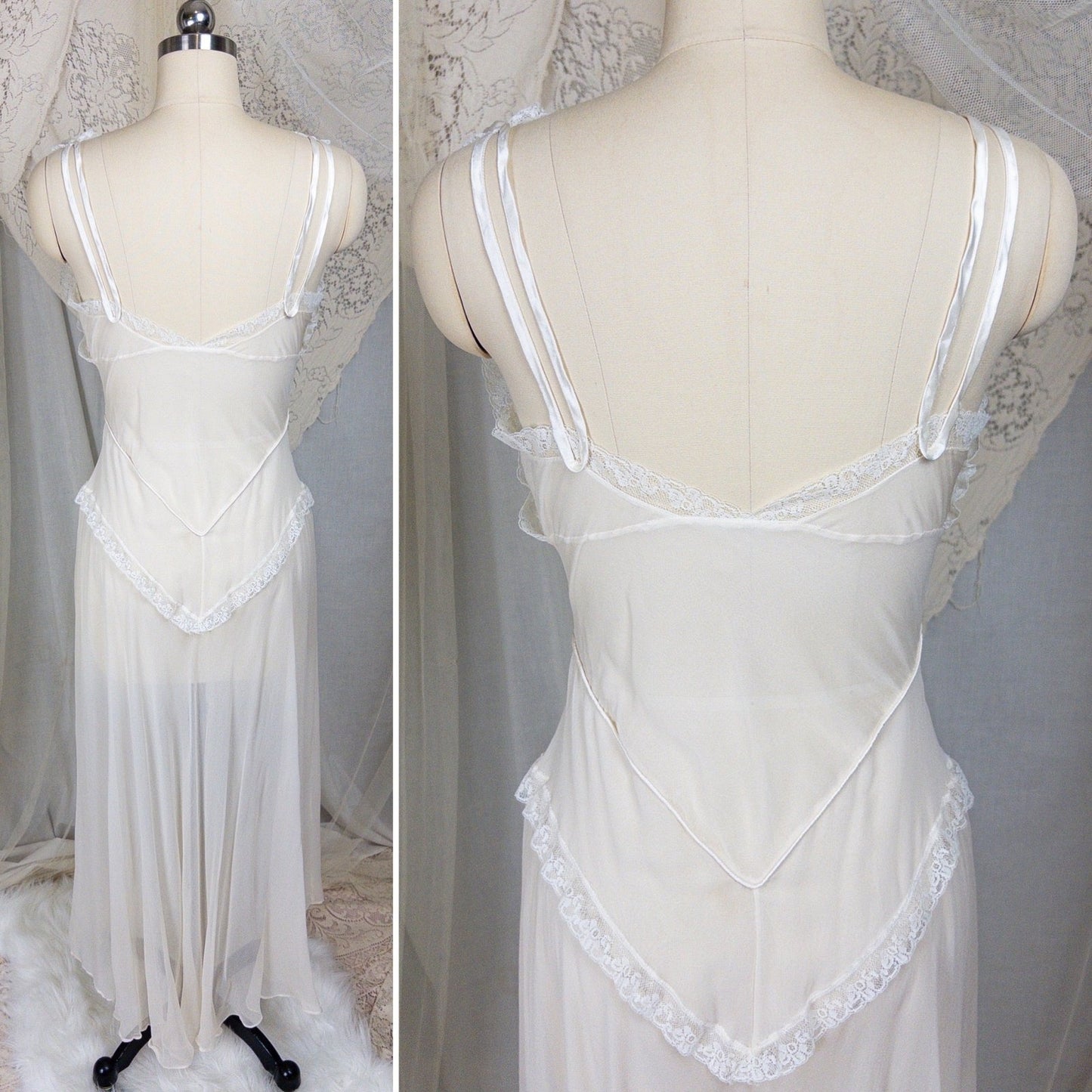1930s - 1940s Nightgown - Sheer Bone White Silk Crepe with Bobbin Lace & Satin Detail | XS, Small - Daggers & Dames