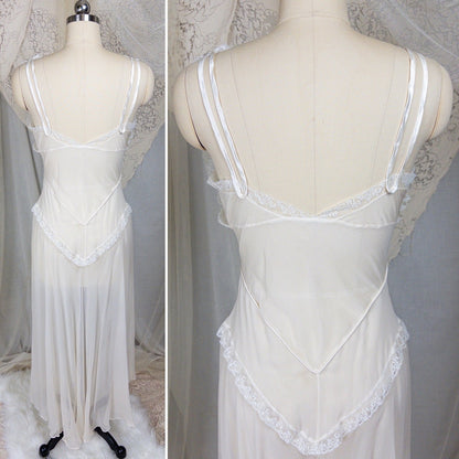1930s - 1940s Nightgown - Sheer Bone White Silk Crepe with Bobbin Lace & Satin Detail | XS, Small - Daggers & Dames