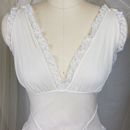 1930s - 1940s Nightgown - Sheer Bone White Silk Crepe with Bobbin Lace & Satin Detail | XS, Small - Daggers & Dames