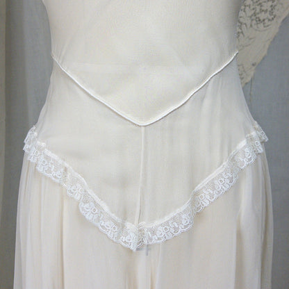 1930s - 1940s Nightgown - Sheer Bone White Silk Crepe with Bobbin Lace & Satin Detail | XS, Small - Daggers & Dames