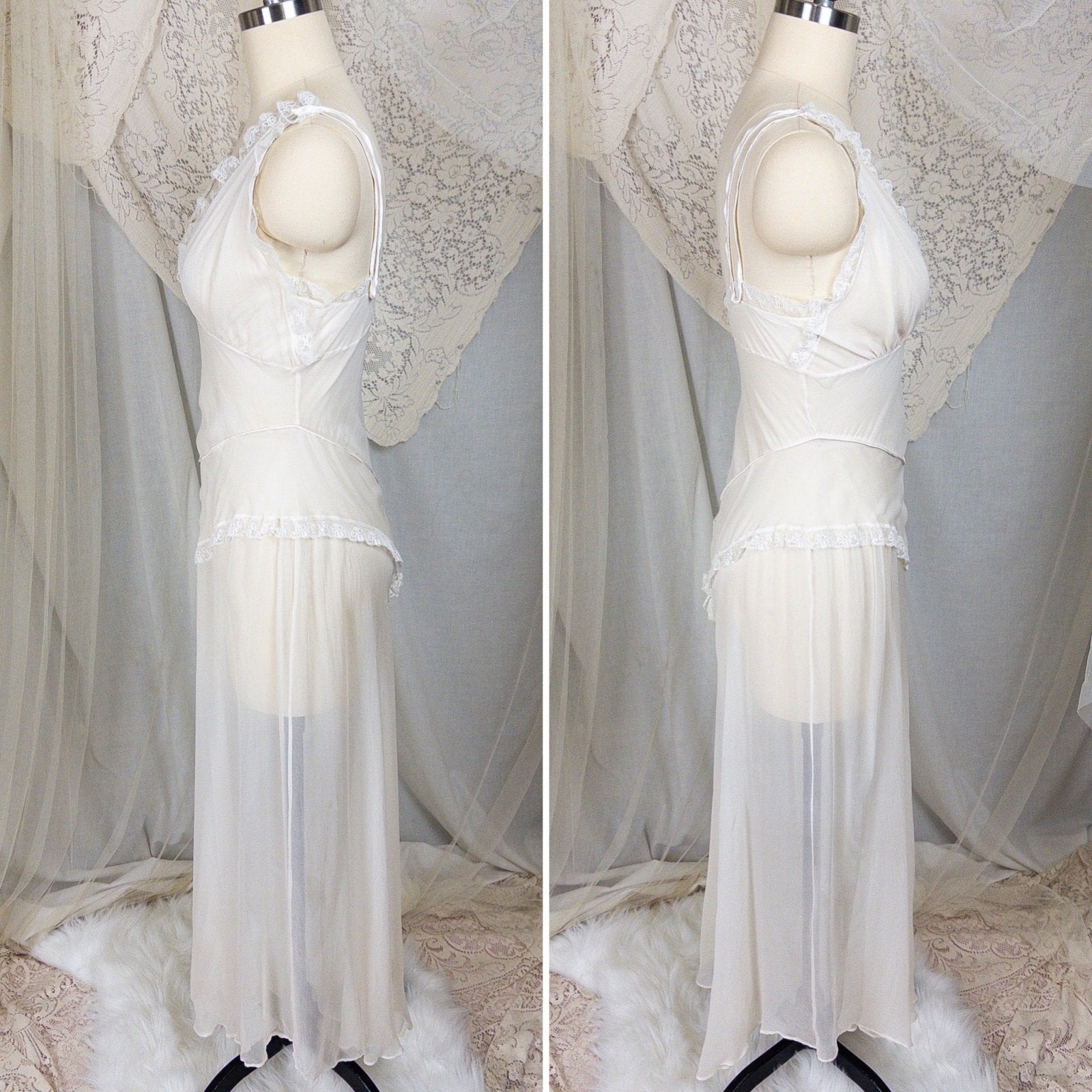 1930s - 1940s Nightgown - Sheer Bone White Silk Crepe with Bobbin Lace & Satin Detail | XS, Small - Daggers & Dames