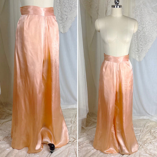1930's - 1940's Palazzo Lounge Pants - Rich Peach Rayon Satin with Extra Wide Leg & Ultra High Waist - Daggers & Dames