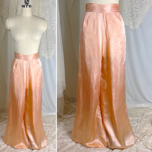 1930's - 1940's Palazzo Lounge Pants - Rich Peach Rayon Satin with Extra Wide Leg & Ultra High Waist - Daggers & Dames