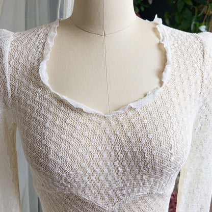 1930s - 1940s Wedding Dress - Long Sleeved Ivory Cotton Crochet with Satin Buttons | XS, Small - Daggers & Dames