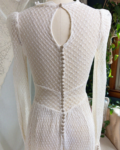 1930s - 1940s Wedding Dress - Long Sleeved Ivory Cotton Crochet with Satin Buttons | XS, Small - Daggers & Dames