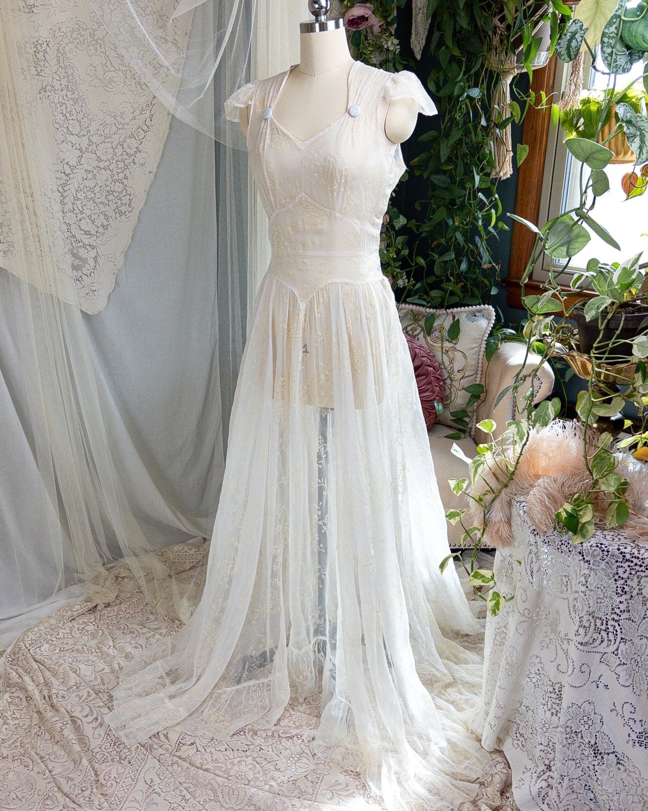 1930s - 1940s Wedding Dress - Sheer Ivory Rayon Chiffon with Raised Floral Motif & Train | Small, Medium - Daggers & Dames