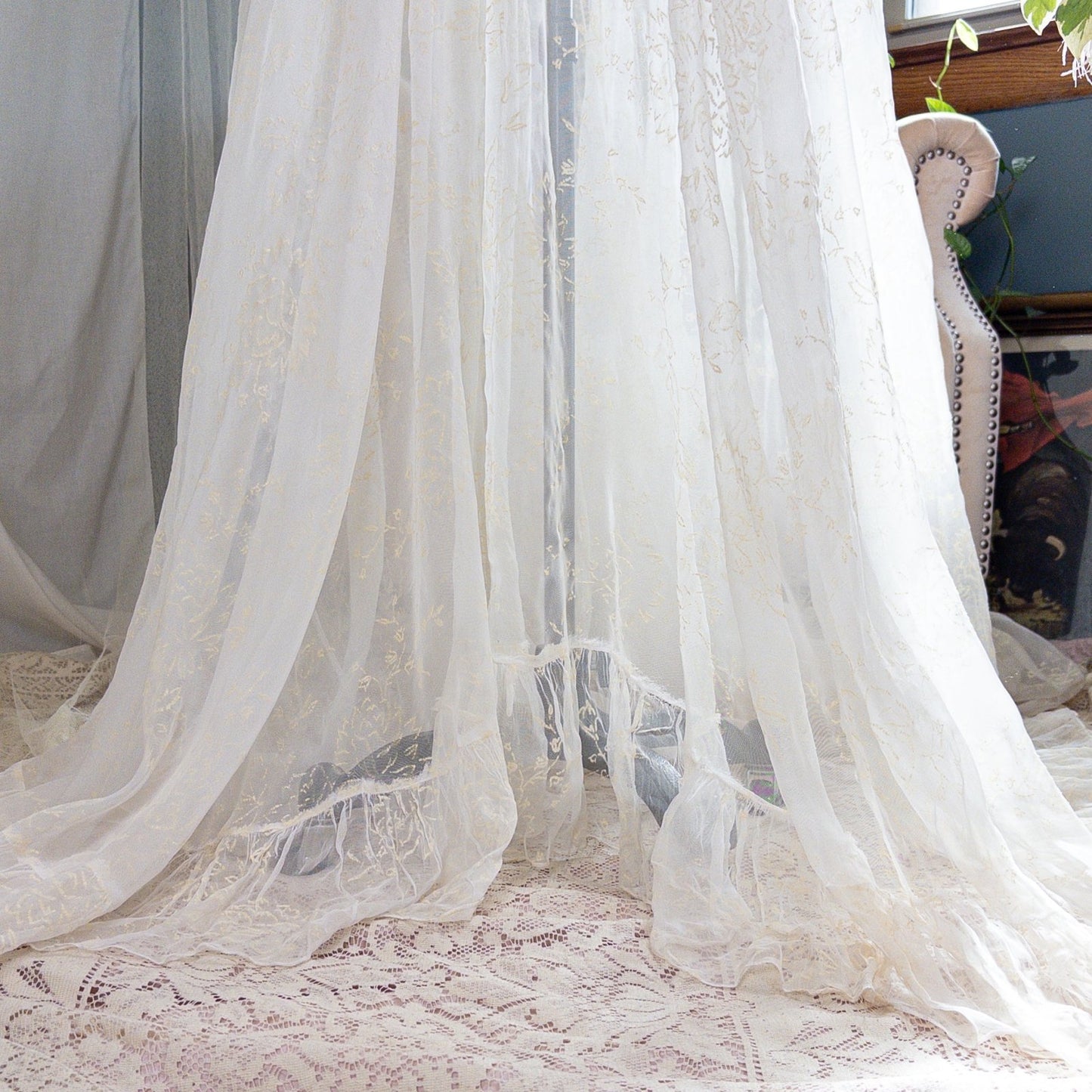 1930s - 1940s Wedding Dress - Sheer Ivory Rayon Chiffon with Raised Floral Motif & Train | Small, Medium - Daggers & Dames