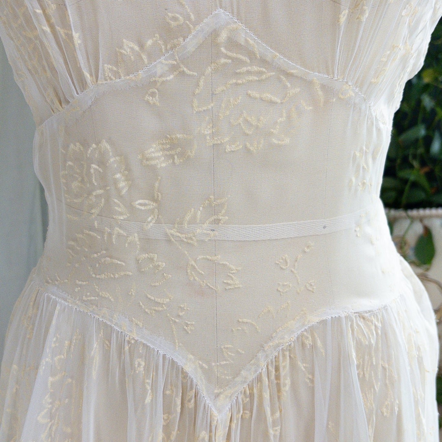 1930s - 1940s Wedding Dress - Sheer Ivory Rayon Chiffon with Raised Floral Motif & Train | Small, Medium - Daggers & Dames