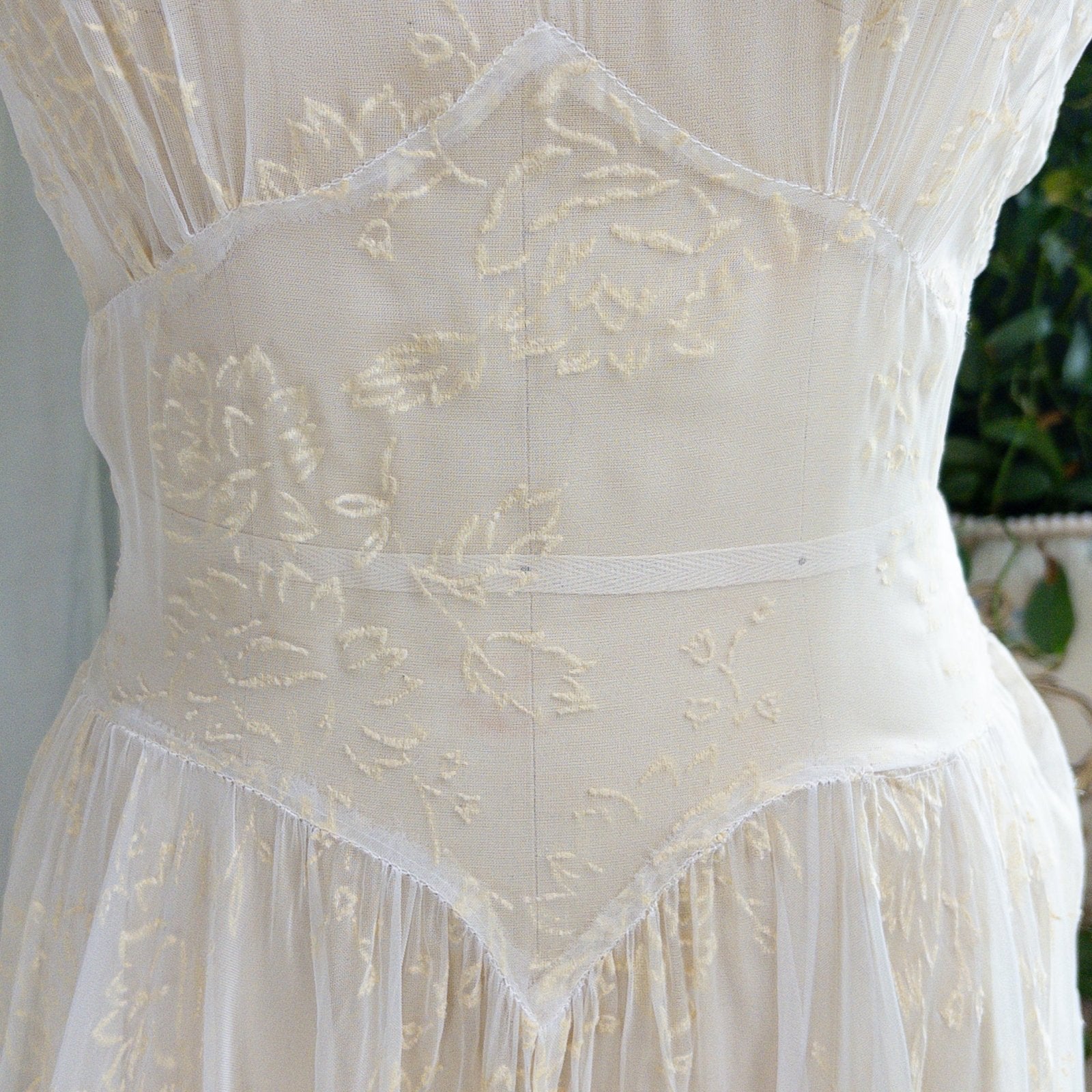 1930s - 1940s Wedding Dress - Sheer Ivory Rayon Chiffon with Raised Floral Motif & Train | Small, Medium - Daggers & Dames