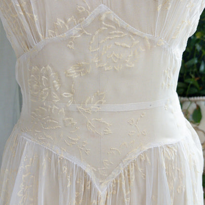 1930s - 1940s Wedding Dress - Sheer Ivory Rayon Chiffon with Raised Floral Motif & Train | Small, Medium - Daggers & Dames