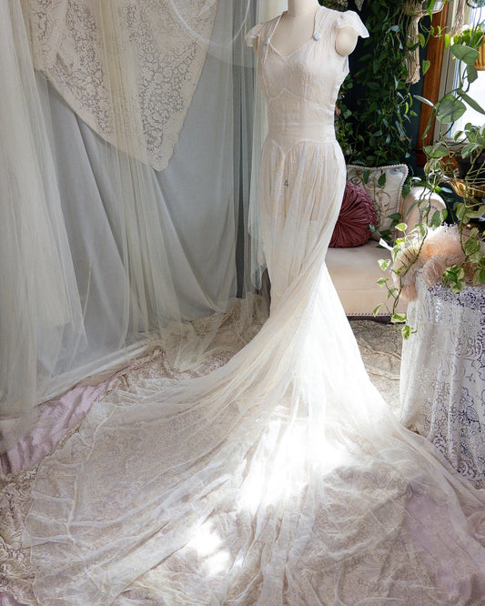 1930s - 1940s Wedding Dress - Sheer Ivory Rayon Chiffon with Raised Floral Motif & Train | Small, Medium - Daggers & Dames