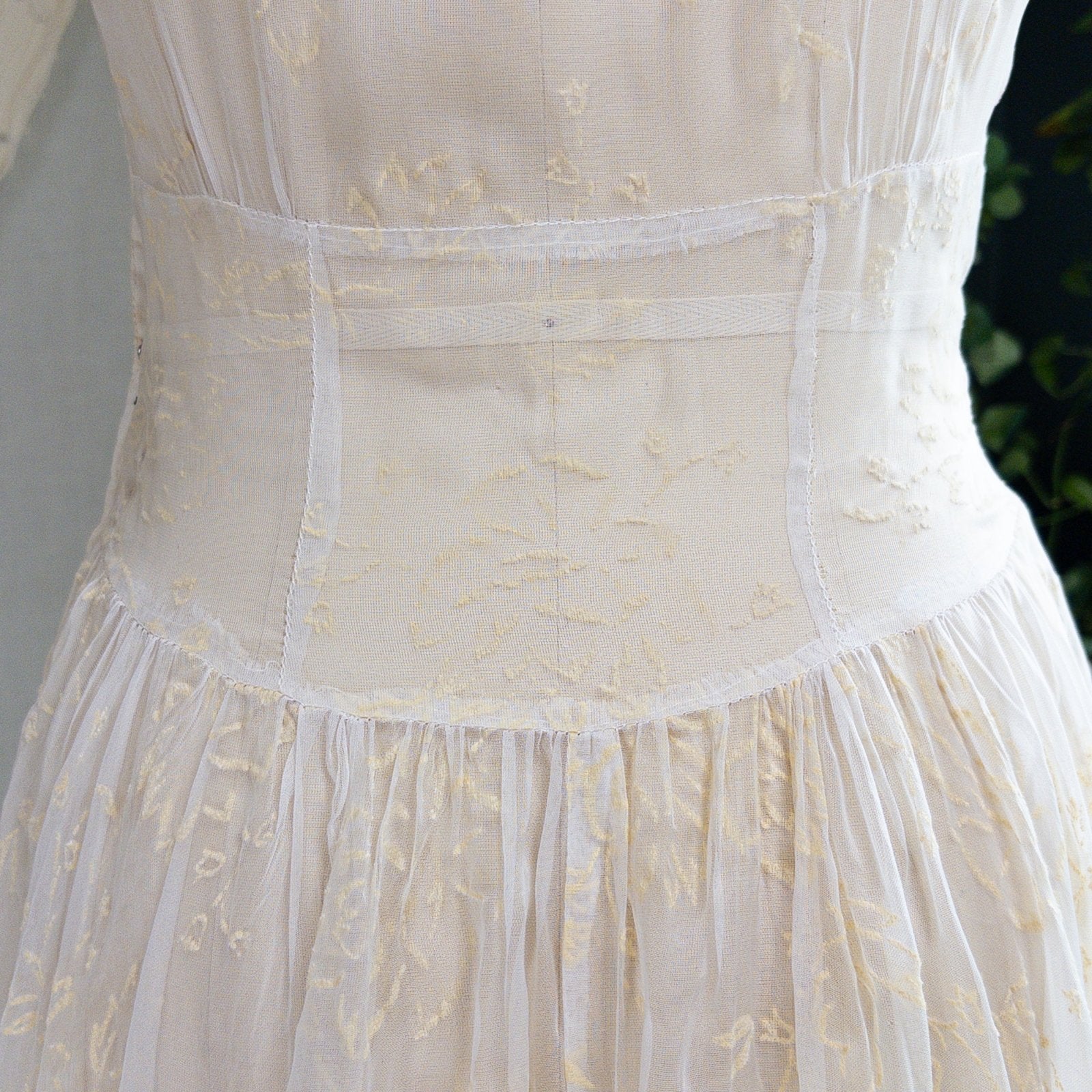 1930s - 1940s Wedding Dress - Sheer Ivory Rayon Chiffon with Raised Floral Motif & Train | Small, Medium - Daggers & Dames