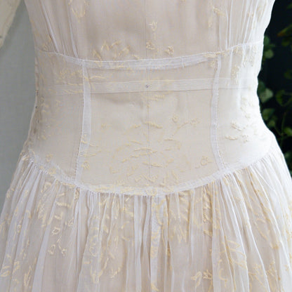 1930s - 1940s Wedding Dress - Sheer Ivory Rayon Chiffon with Raised Floral Motif & Train | Small, Medium - Daggers & Dames