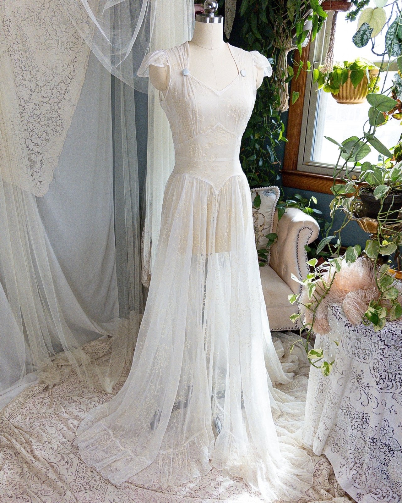 1930s - 1940s Wedding Dress - Sheer Ivory Rayon Chiffon with Raised Floral Motif & Train | Small, Medium - Daggers & Dames