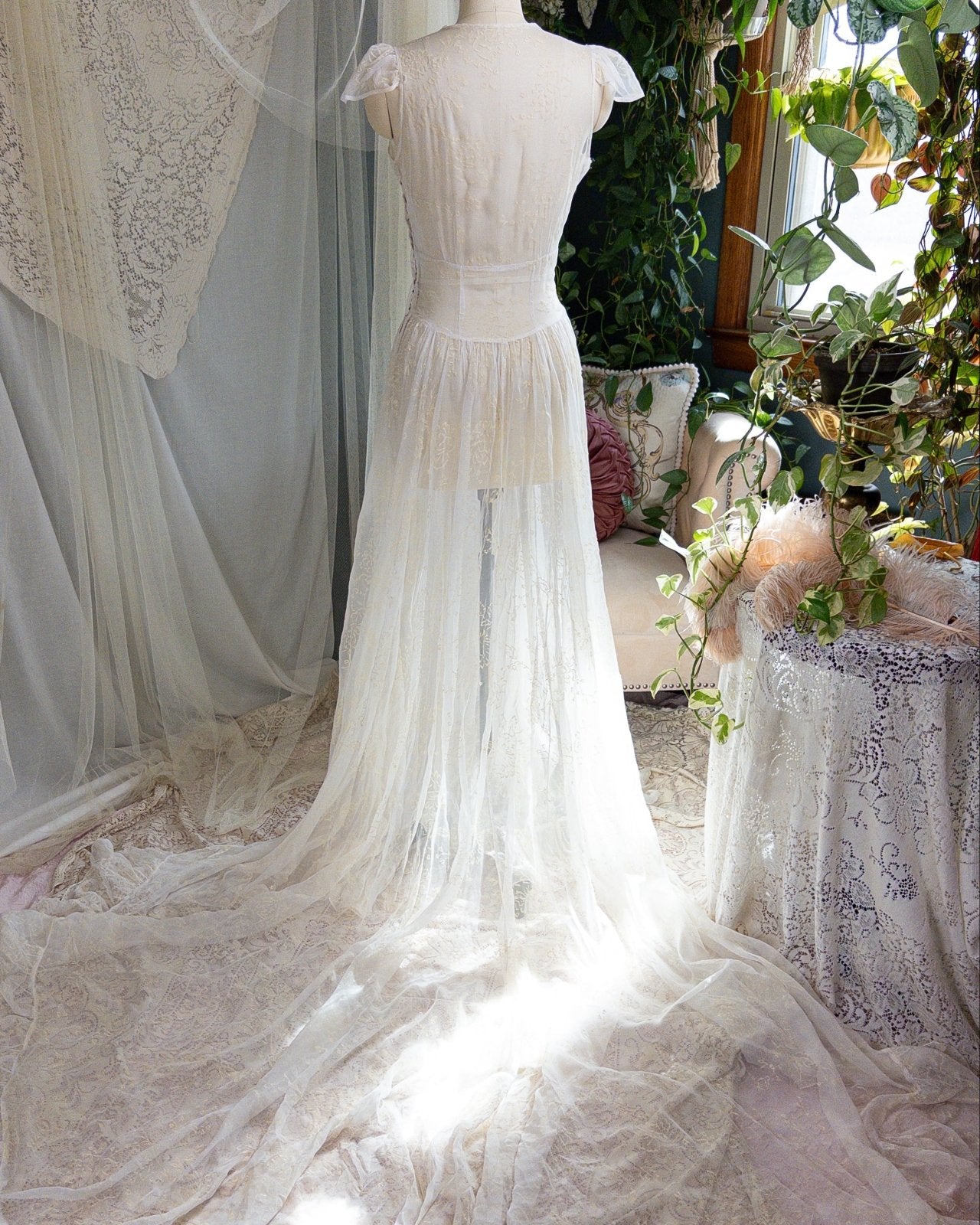 1930s - 1940s Wedding Dress - Sheer Ivory Rayon Chiffon with Raised Floral Motif & Train | Small, Medium - Daggers & Dames