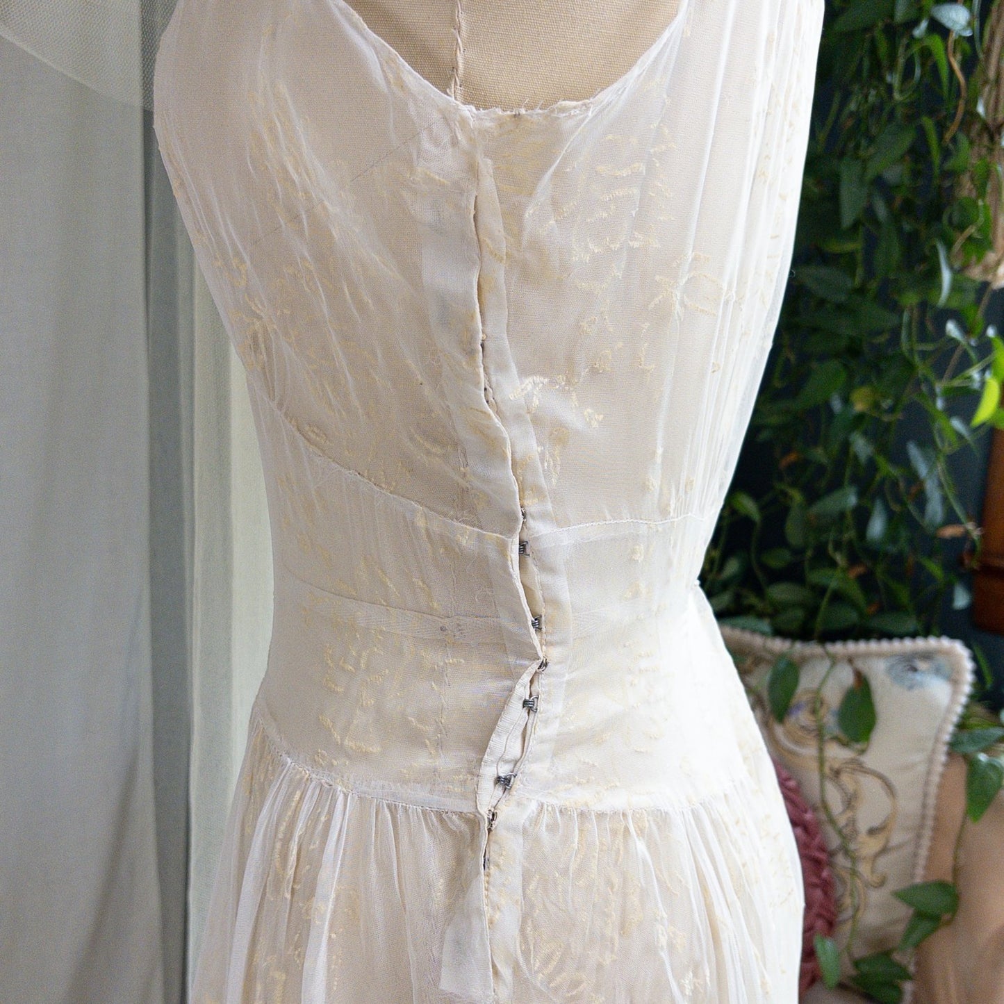 1930s - 1940s Wedding Dress - Sheer Ivory Rayon Chiffon with Raised Floral Motif & Train | Small, Medium - Daggers & Dames