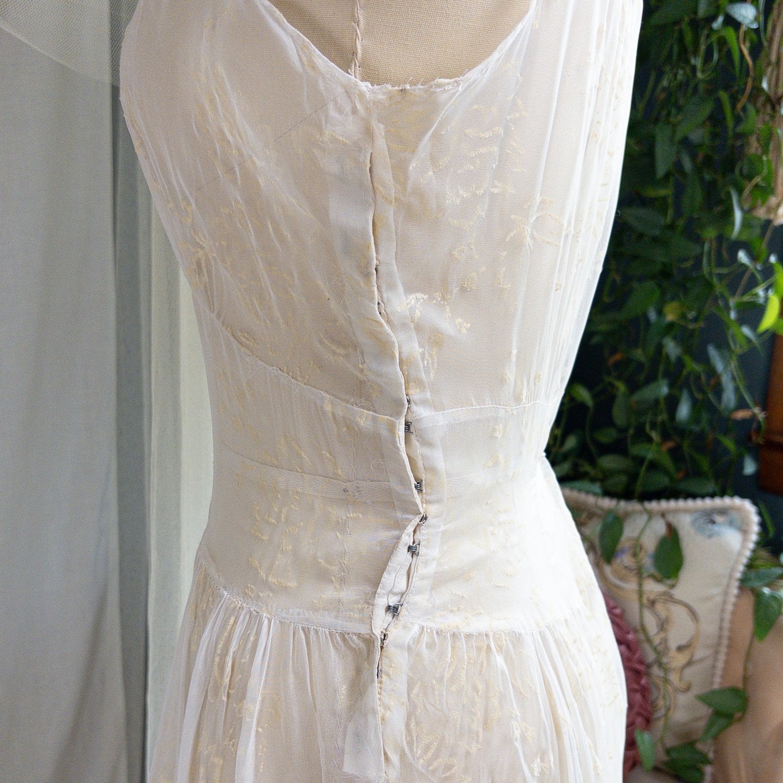 1930s - 1940s Wedding Dress - Sheer Ivory Rayon Chiffon with Raised Floral Motif & Train | Small, Medium - Daggers & Dames